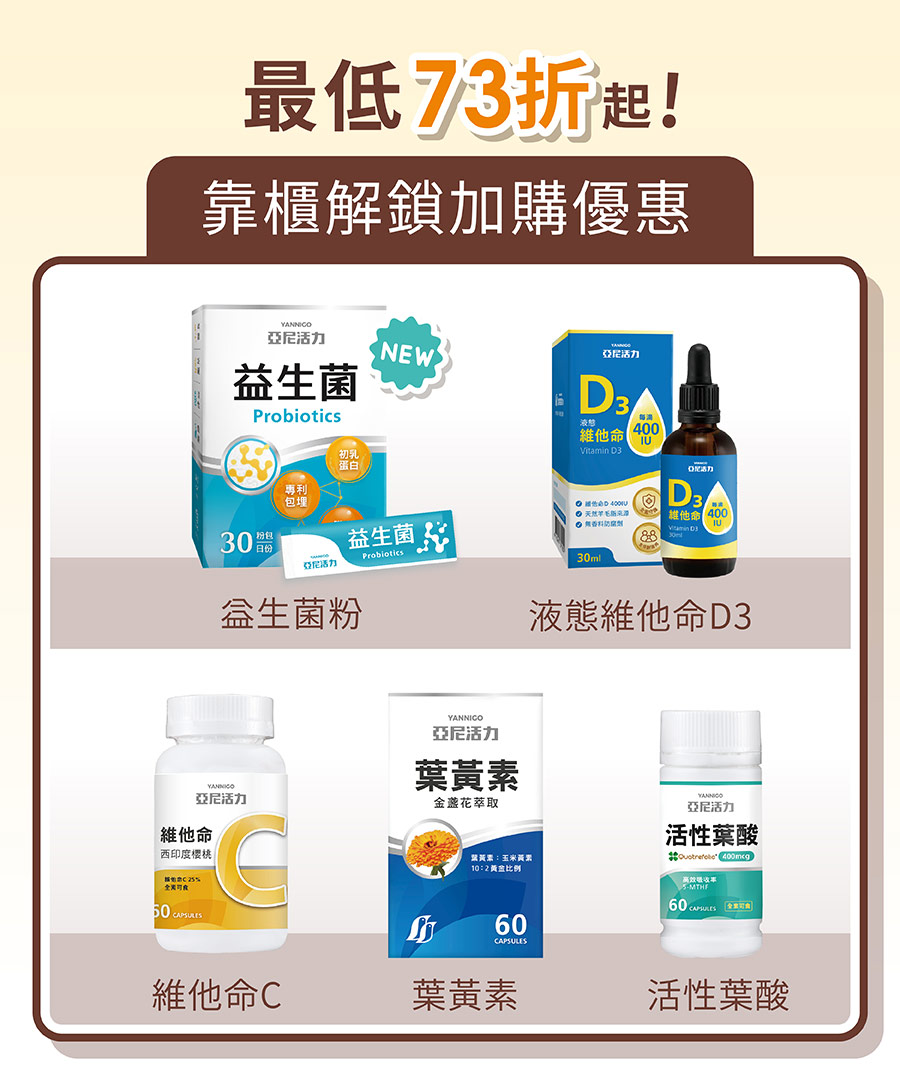 活力媽媽婦幼展限定：現場消費即可享最低73折加購優惠，亞尼活力益生菌、液態維他命D3、活性葉酸、葉黃素、維他命C